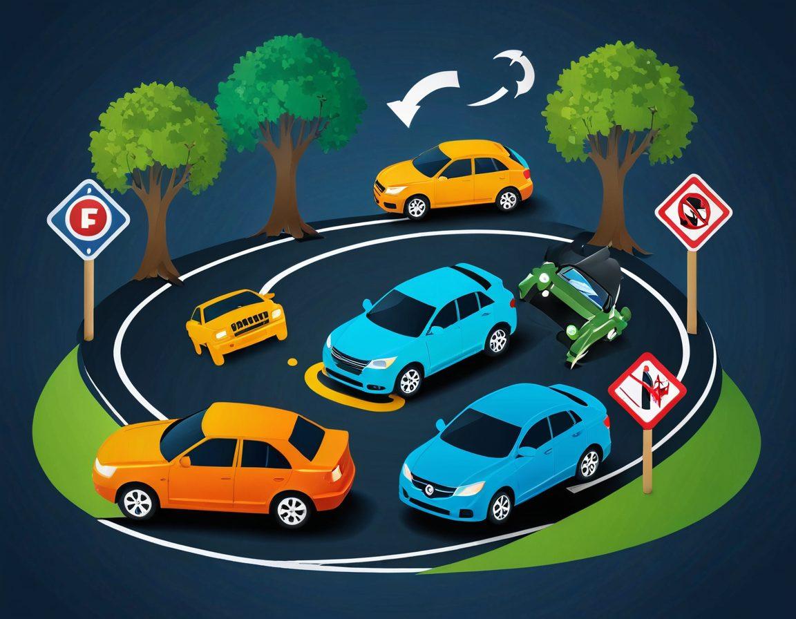 A visual representation of three distinct car insurance coverage types: Collision, Liability, and Comprehensive. Each section is illustrated with icons or symbols representing car accidents, legal protection, and natural disasters, surrounded by vibrant arrows demonstrating comparison. The background features a road winding through diverse landscapes, symbolizing the journey of choosing insurance. Emphasize clarity and educational value. super-realistic. vibrant colors.