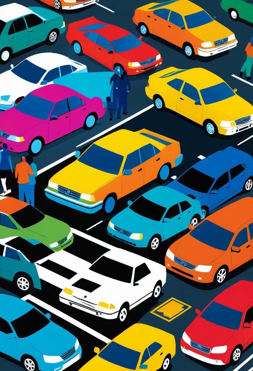A collage of diverse drivers examining vehicle protection plans, with a car in the background. Include visual elements like documents, shields, and warning signs to symbolize protection and security. Diverse individuals from varying backgrounds, expressing approval and readiness. Bright and engaging colors to attract attention. vector art. vibrant colors.