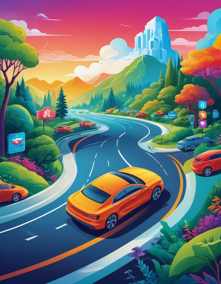 A detailed and vibrant illustration of a car surrounded by various icons representing different auto insurance options, such as dollar signs, shields, and checkmarks. The backdrop features a calm road with a clear blue sky and lush greenery. Include diverse individuals engaging in discussions and comparing insurance plans with laptops and tablets. Artwork should convey a sense of guidance and security. colorful vector art. bright colors.